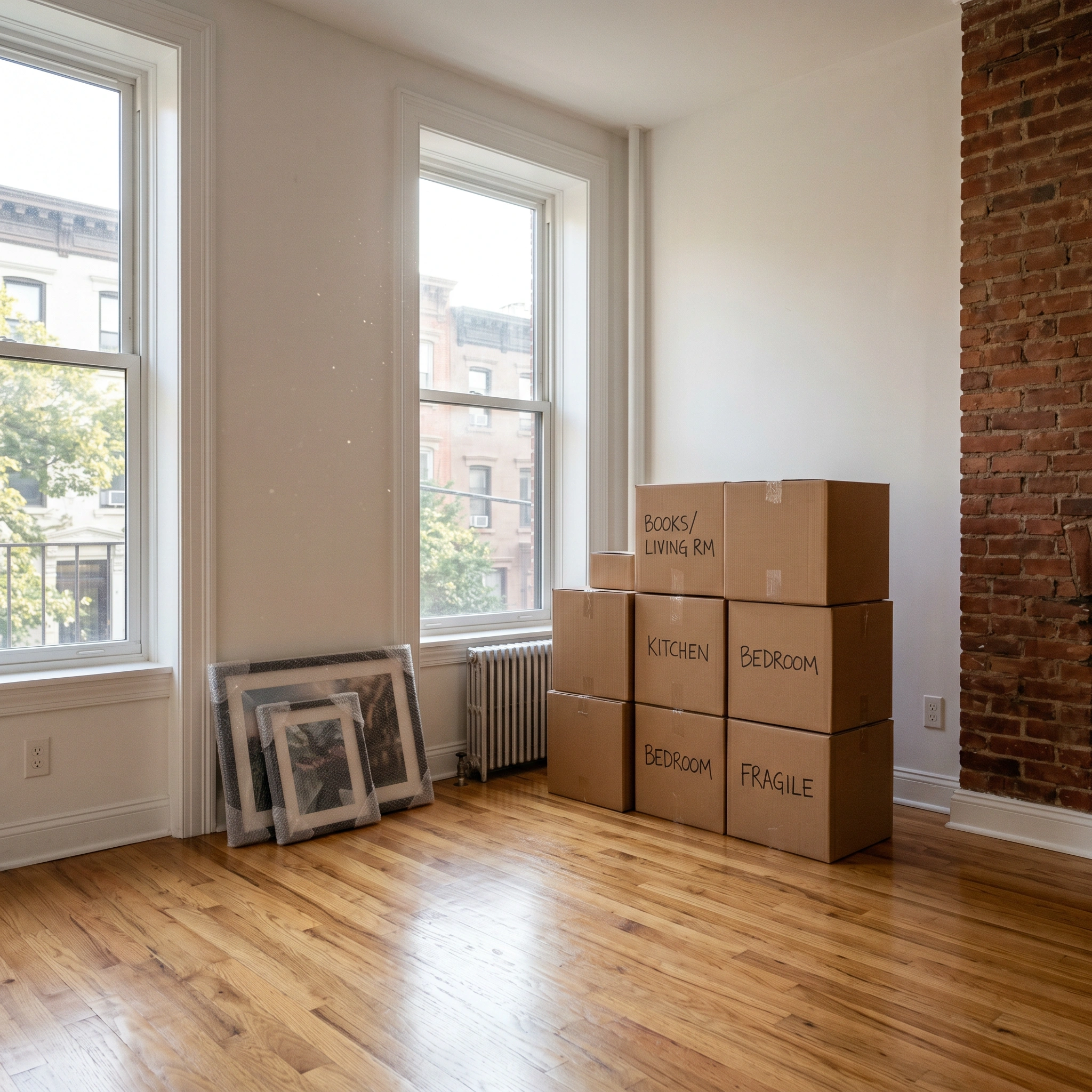 Sunlit Brooklyn apartment interior with neatly stacked moving boxes against a white wall and exposed brick - Serenity Movers residential moves Brooklyn