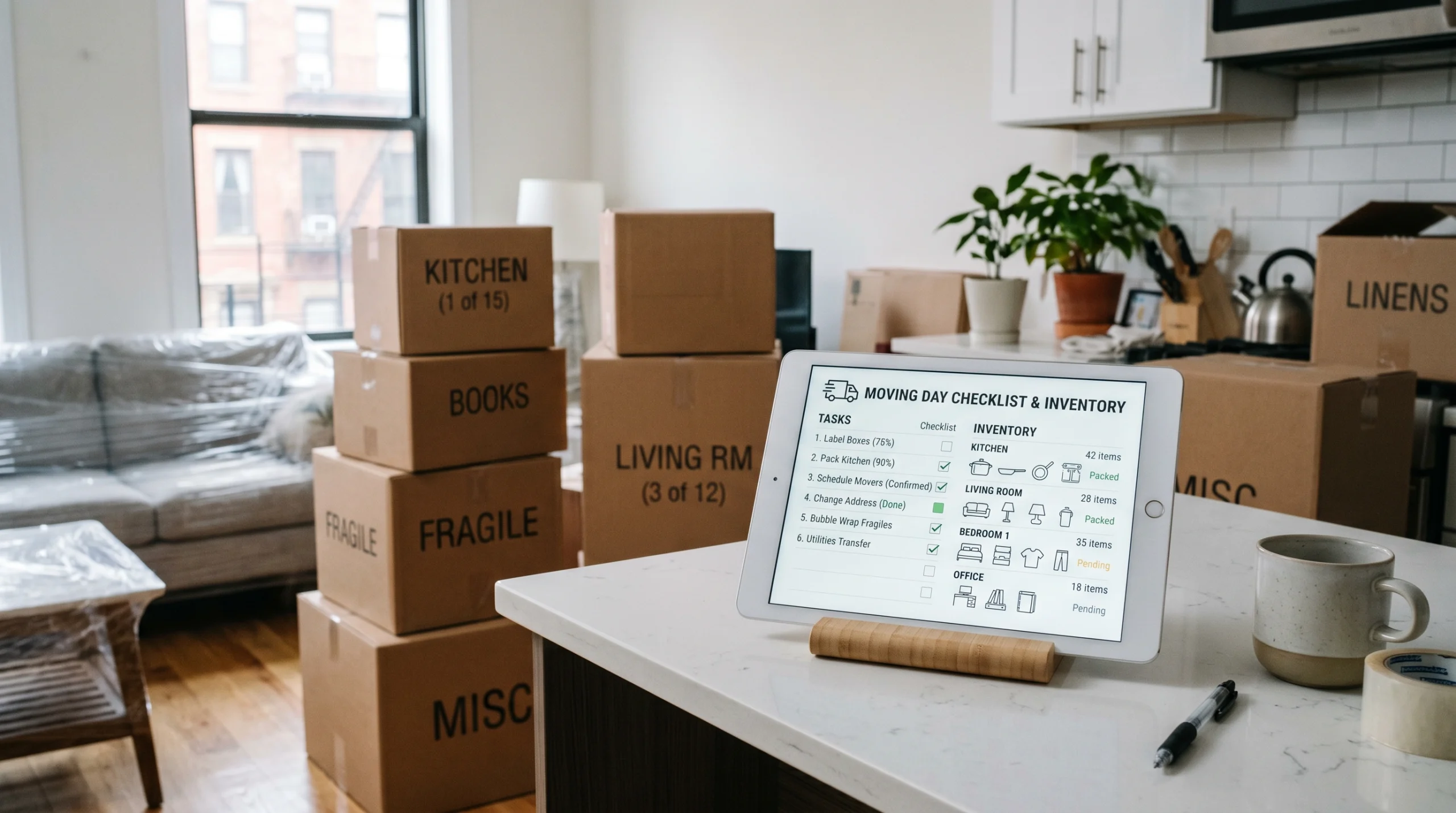 Moving quote checklist on a tablet next to labeled boxes in a NYC apartment mid-move