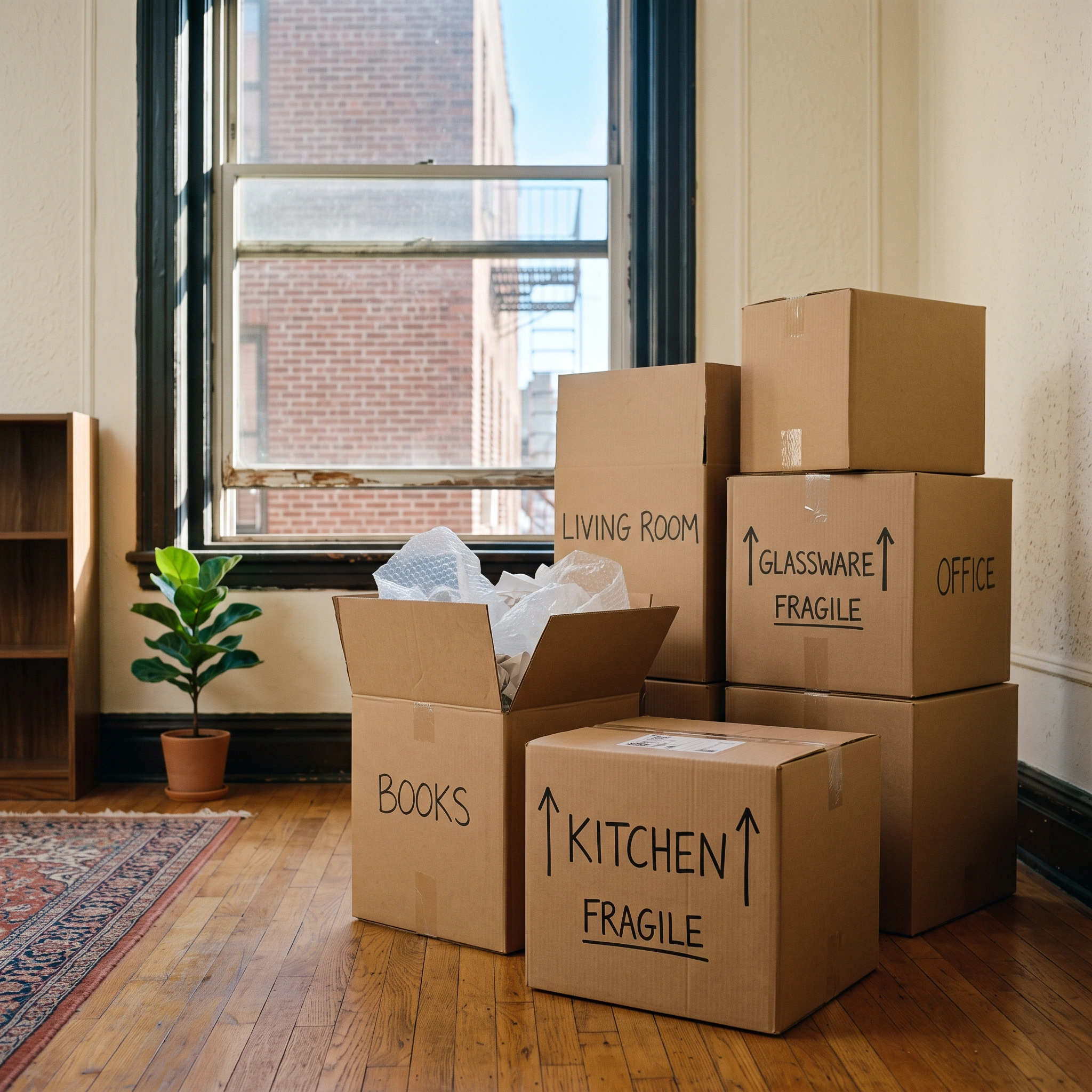 Packing services Queens NY - sealed moving boxes packed in a New York City apartment