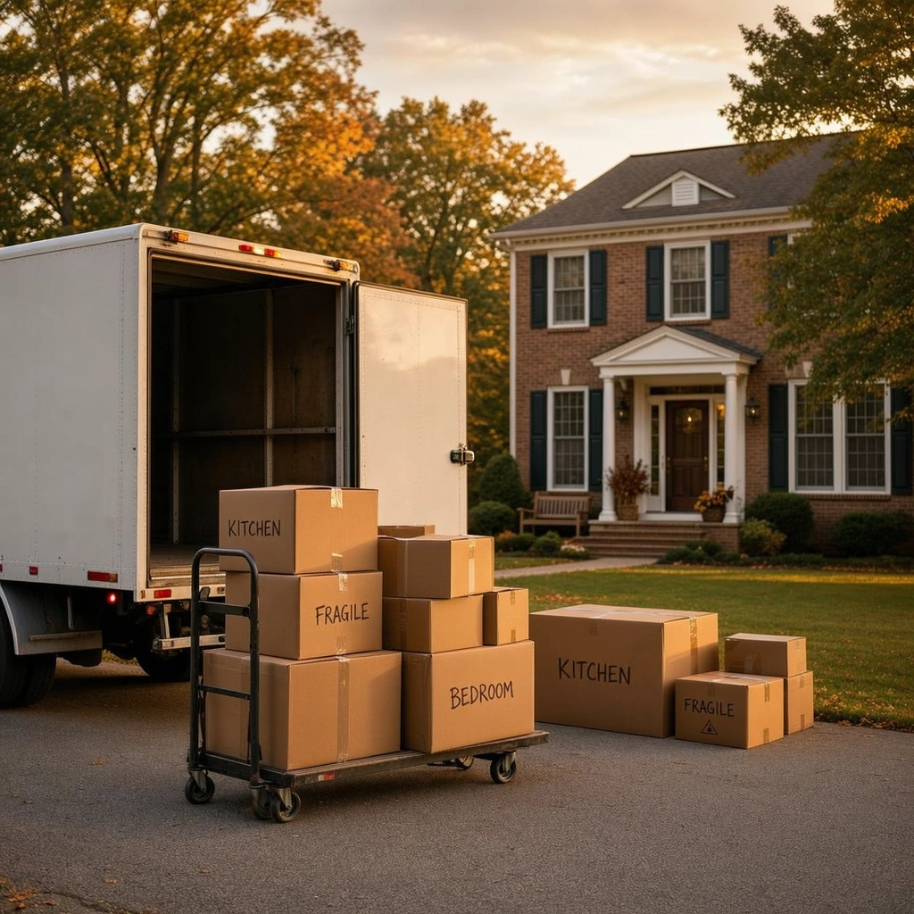 Moving truck and packed boxes outside a home in Westchester County