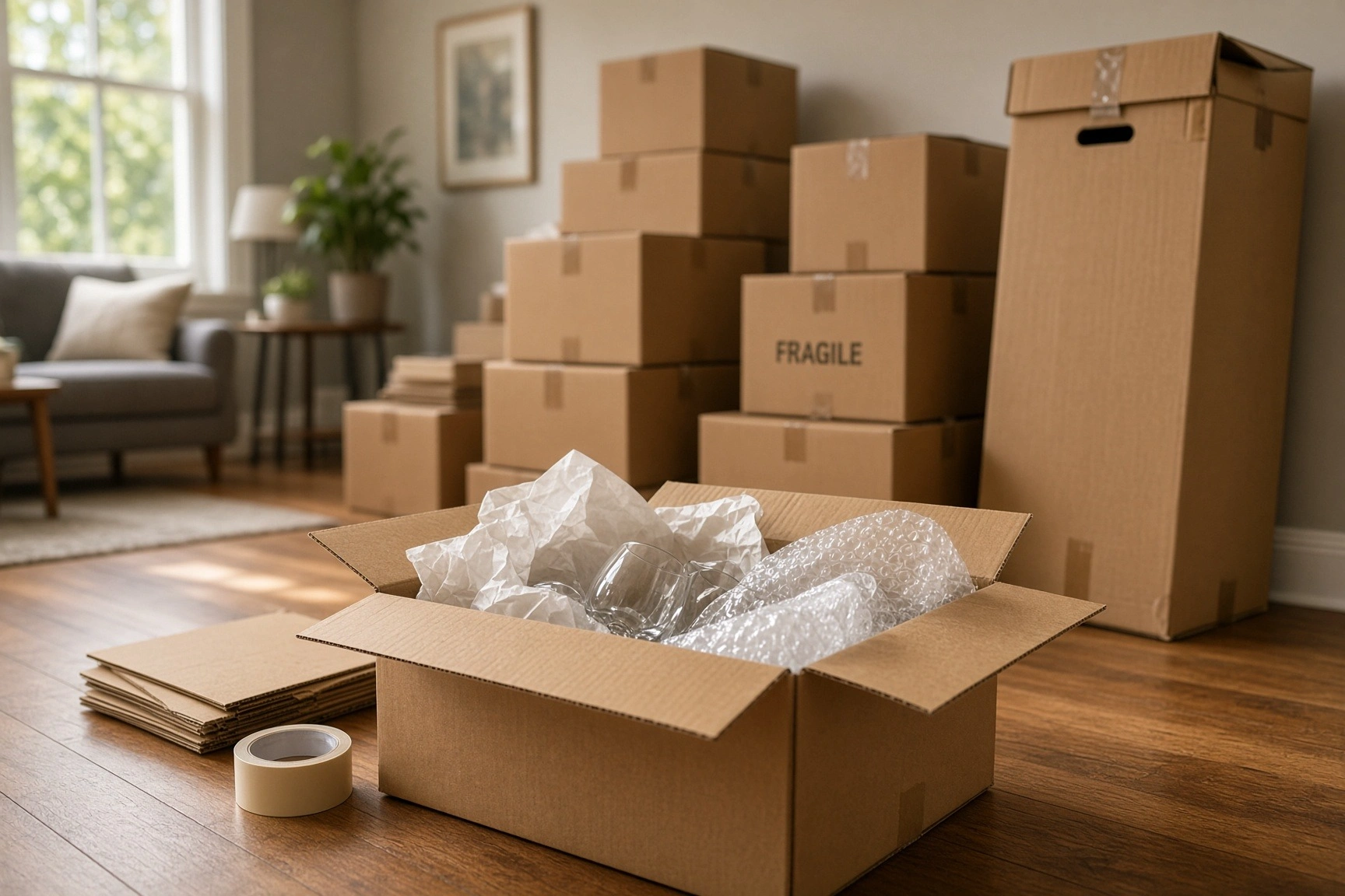 Packed moving boxes and wrapped glassware from a packing service in Westchester County