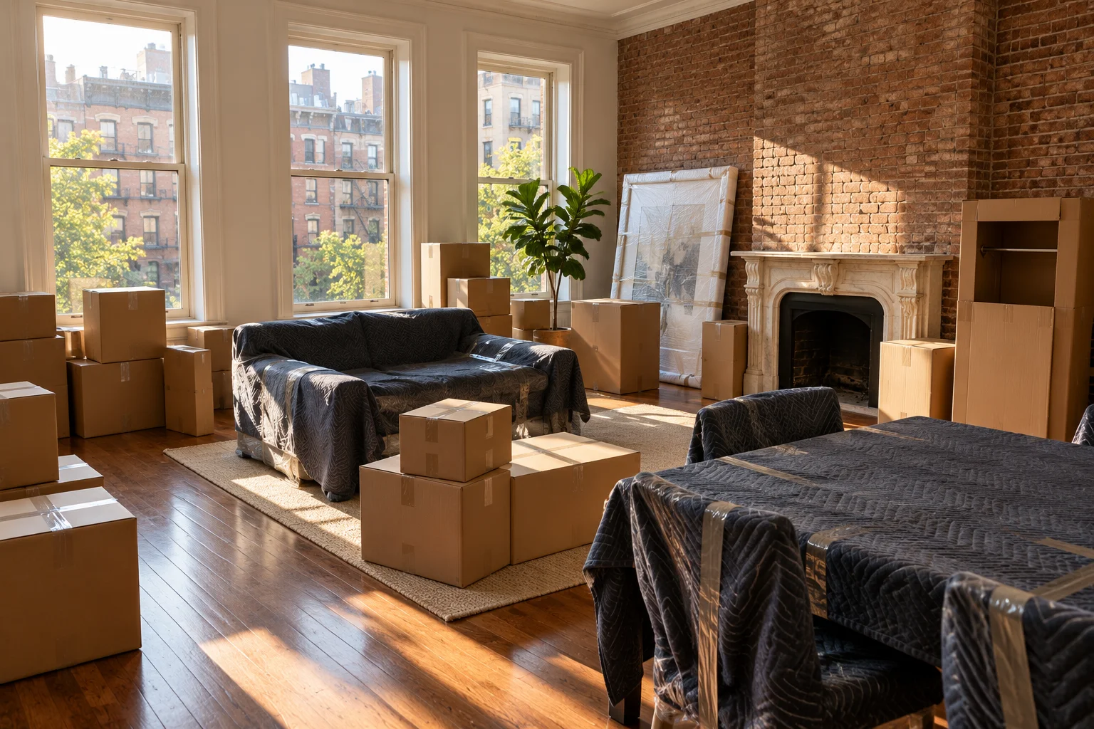 Chelsea moving company boxes and wrapped furniture ready for a local apartment move in Manhattan