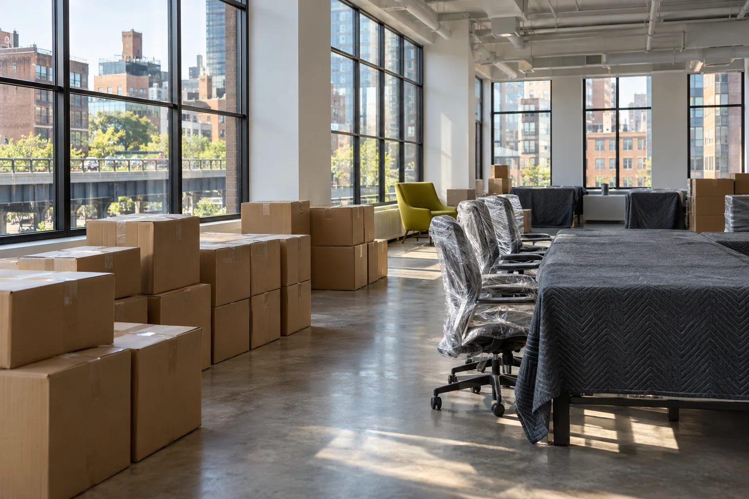 Freight elevator lined with protective padding for a Chelsea high-rise move