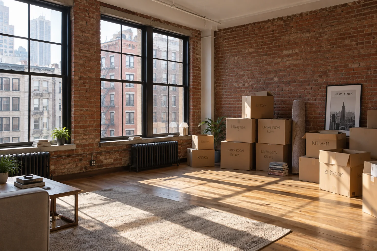 Last minute movers in SoHo moving boxes into a cast-iron loft building