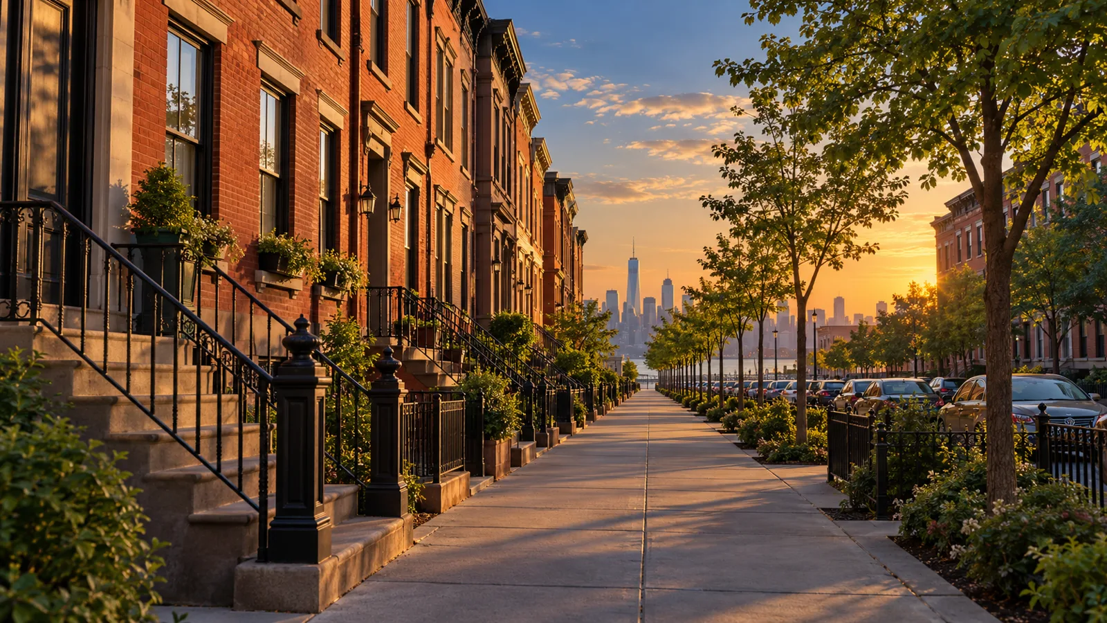 Brick row houses on a quiet street, a typical setting for Hoboken movers serving apartment relocations