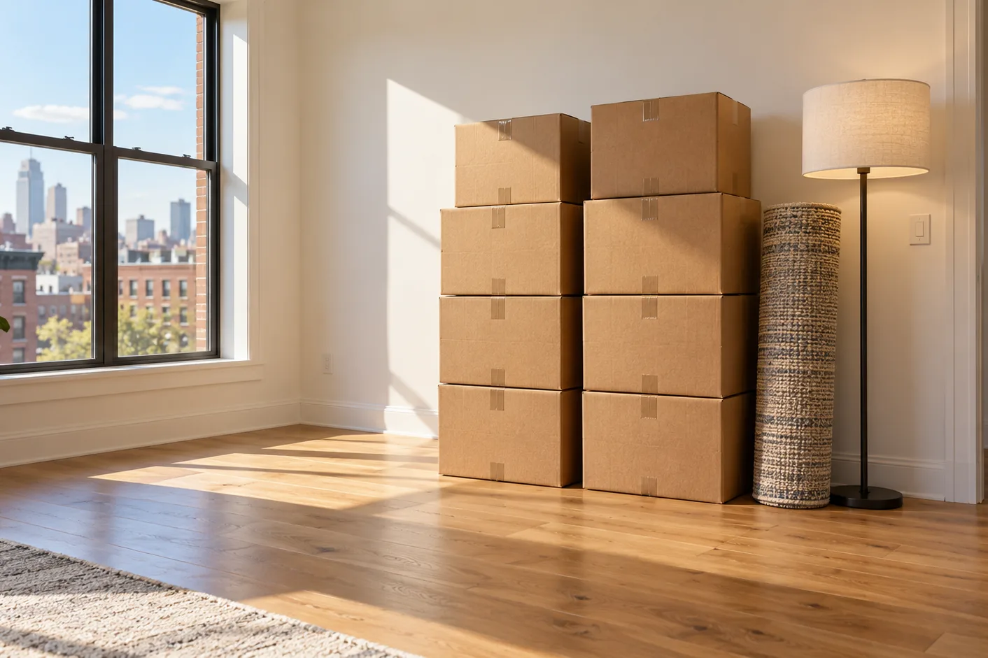 Sealed boxes stacked in an empty apartment living room before a local move with Hoboken movers