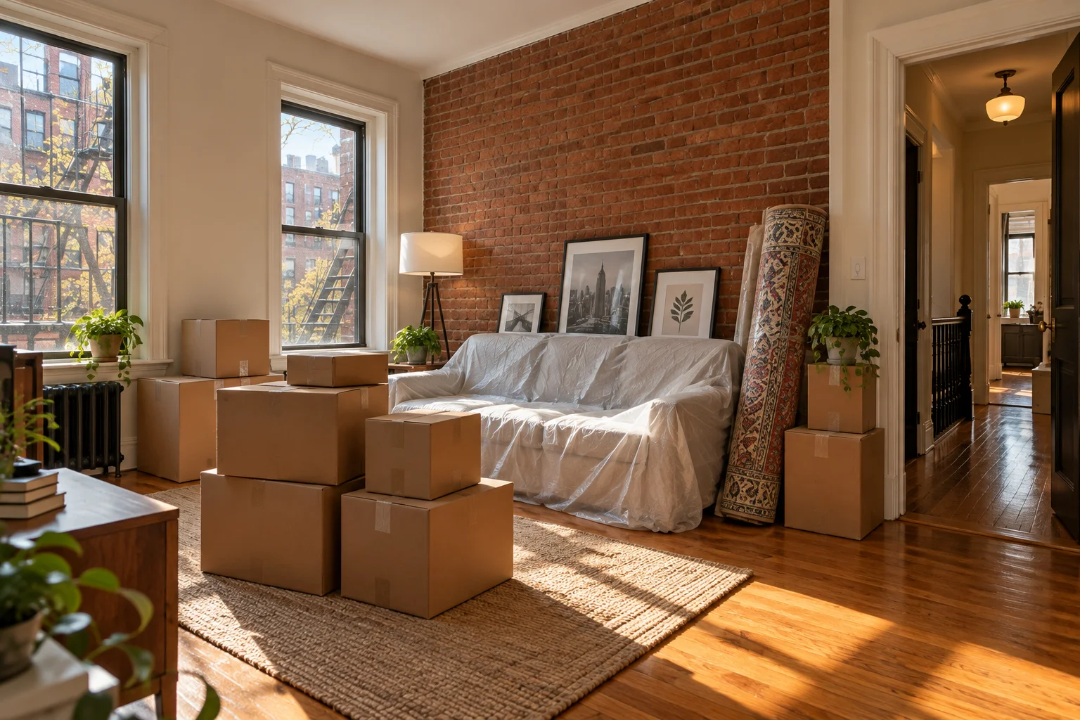 Wrapped dishes and glassware packed in boxes in a Lower East Side apartment kitchen