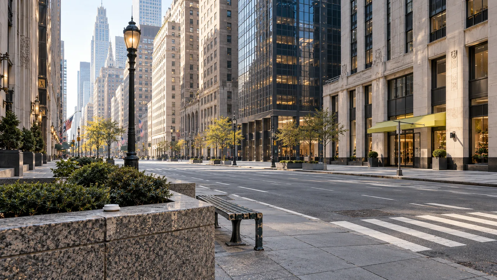 Midtown movers service area: a quiet Midtown Manhattan street lined with office buildings at sunrise