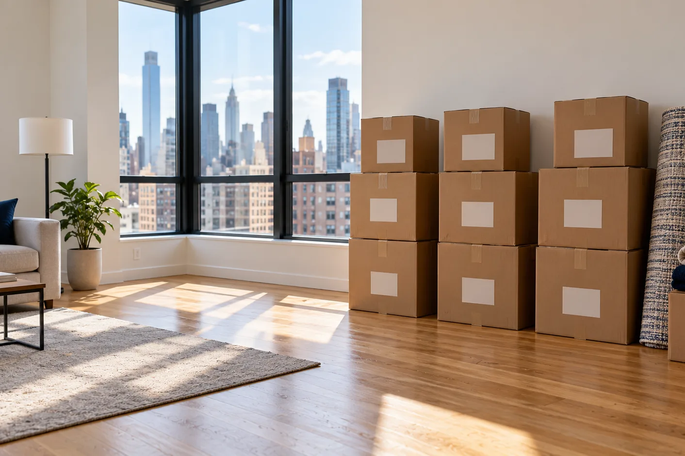 Sealed, labeled boxes stacked in an empty Midtown apartment before a move with Midtown movers
