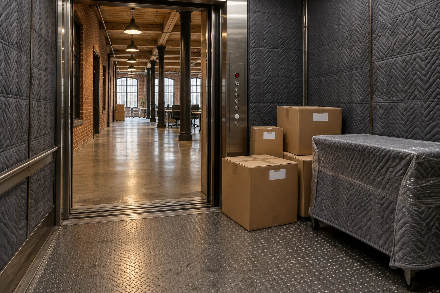 NoHo movers staging packed office boxes and wrapped desks in a loft office